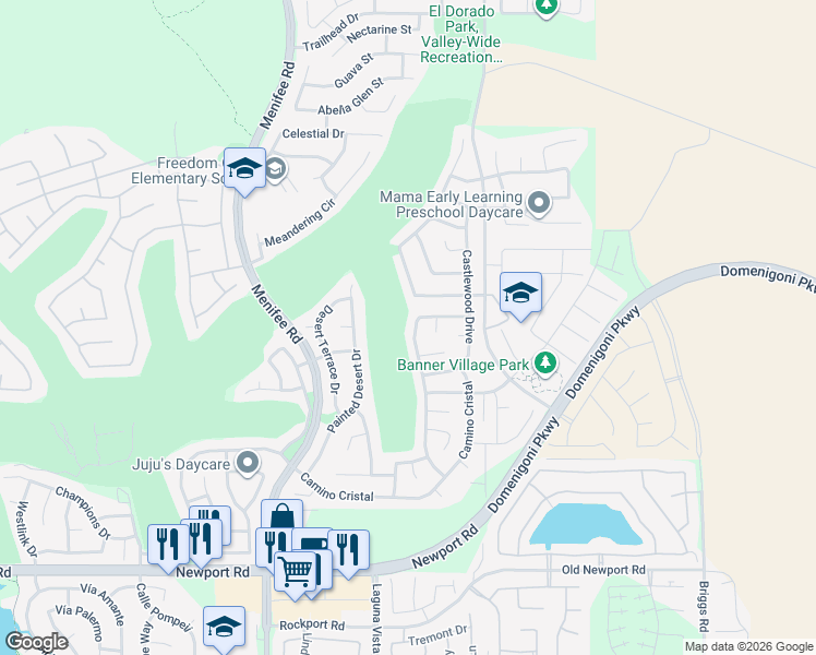 map of restaurants, bars, coffee shops, grocery stores, and more near 29545 Peacock Mountain Drive in Menifee