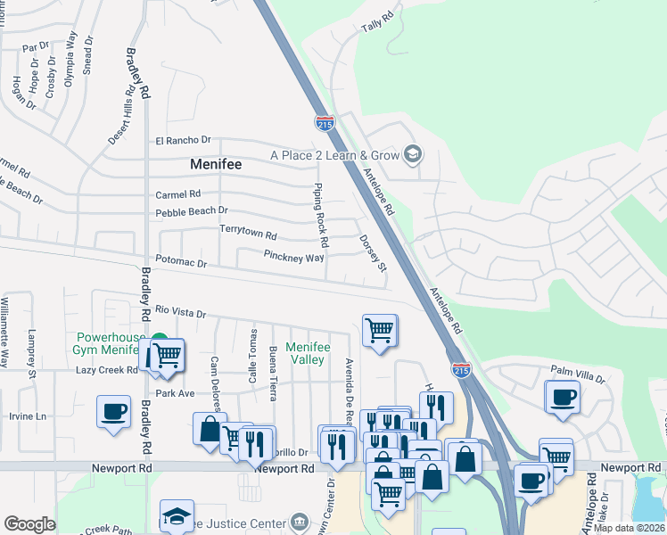 map of restaurants, bars, coffee shops, grocery stores, and more near 29483 Piping Rock Road in Menifee
