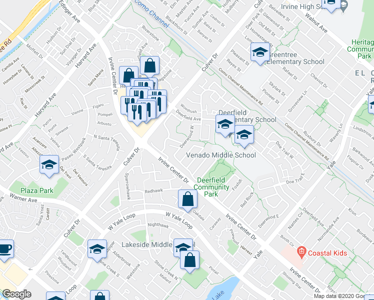 map of restaurants, bars, coffee shops, grocery stores, and more near 11 Golden Star in Irvine