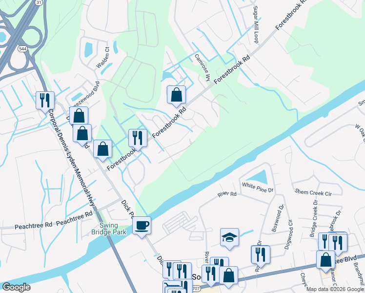 map of restaurants, bars, coffee shops, grocery stores, and more near 3670 Earls Road in Myrtle Beach