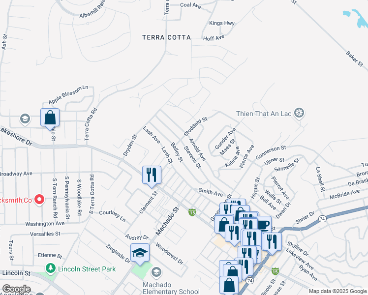map of restaurants, bars, coffee shops, grocery stores, and more near 16439 Stevens Street in Lake Elsinore