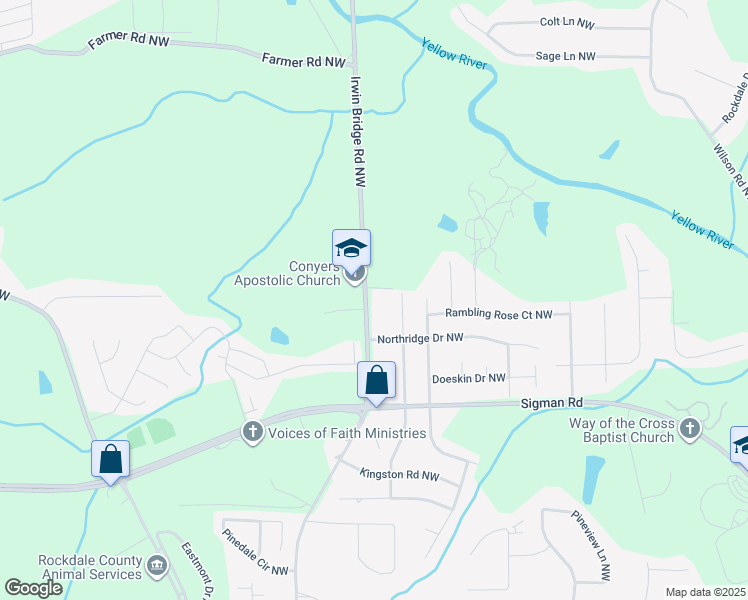 map of restaurants, bars, coffee shops, grocery stores, and more near 1851 Irwin Bridge Road Northwest in Conyers