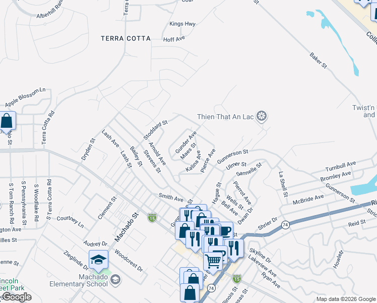 map of restaurants, bars, coffee shops, grocery stores, and more near Maes Street in Lake Elsinore