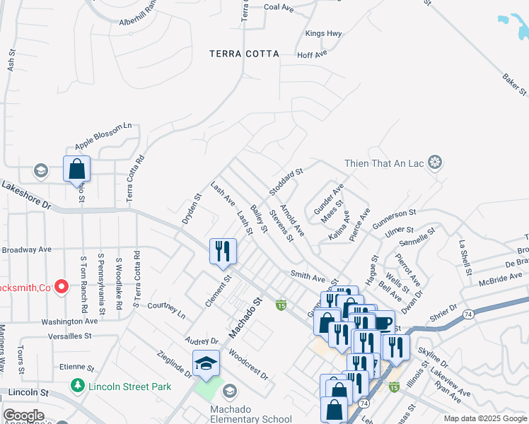 map of restaurants, bars, coffee shops, grocery stores, and more near Bailey Street in Lake Elsinore