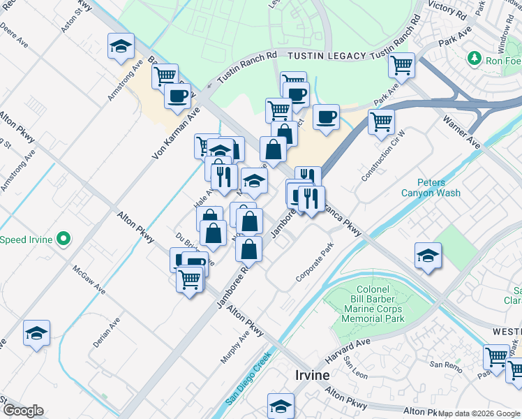 map of restaurants, bars, coffee shops, grocery stores, and more near 2691 Beckman Avenue in Irvine