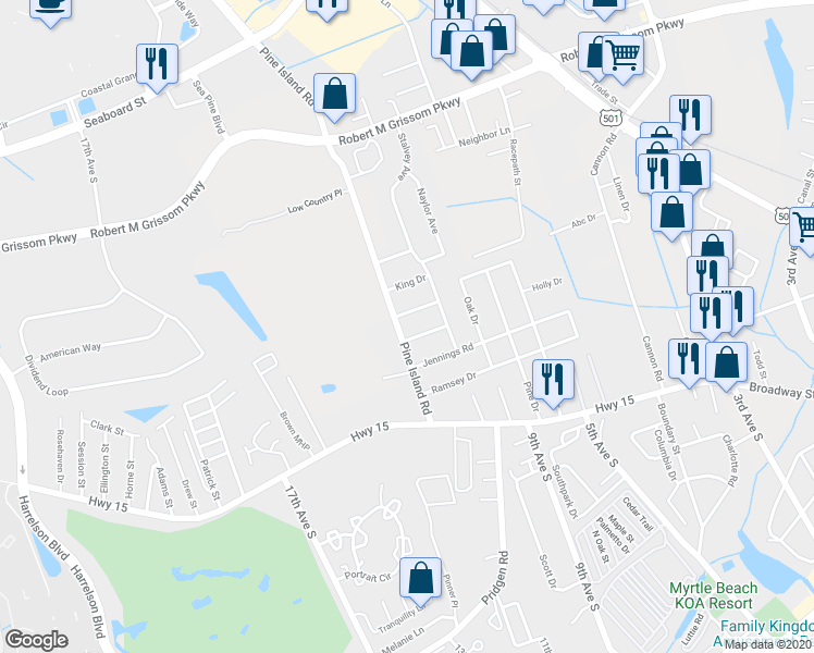map of restaurants, bars, coffee shops, grocery stores, and more near 1154 Pine Island Road in Myrtle Beach