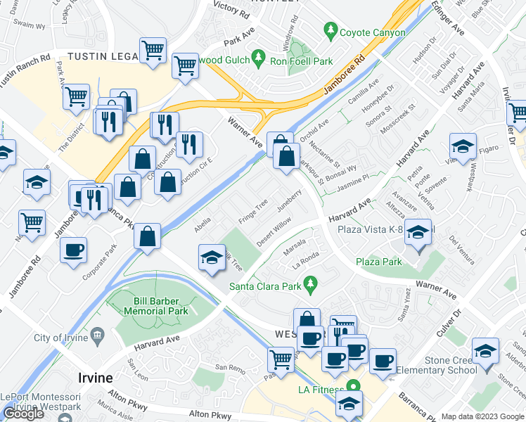 map of restaurants, bars, coffee shops, grocery stores, and more near 50 Fringe Tree in Irvine