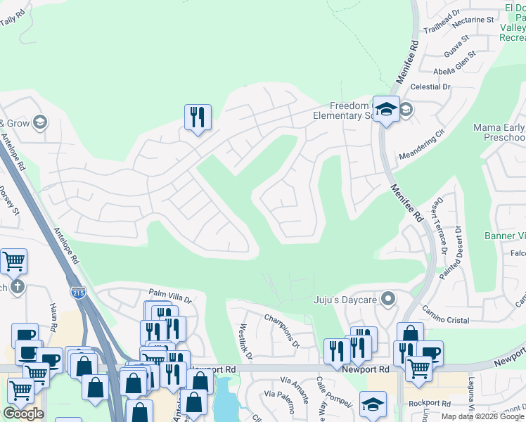map of restaurants, bars, coffee shops, grocery stores, and more near 29445 Springside Drive in Menifee