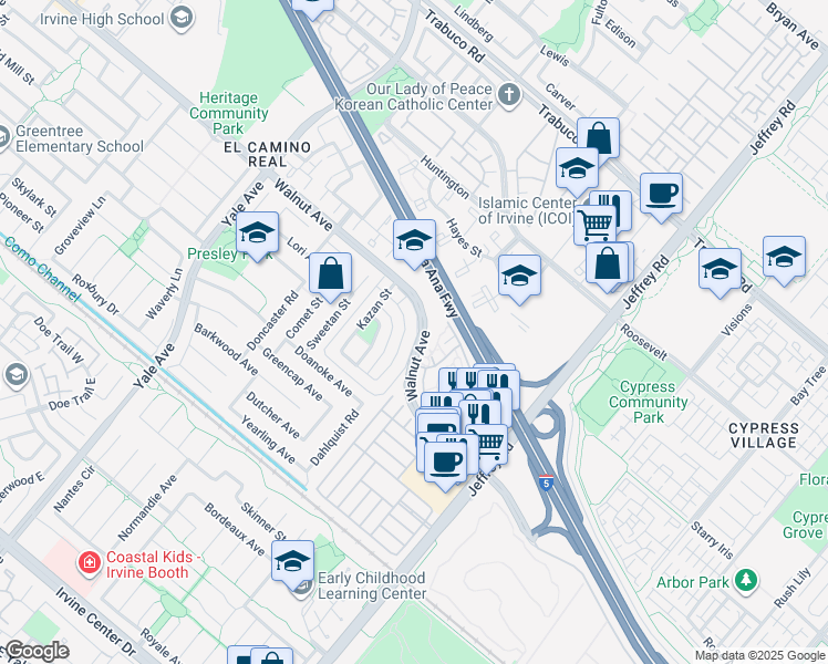map of restaurants, bars, coffee shops, grocery stores, and more near 77 Oval Road in Irvine
