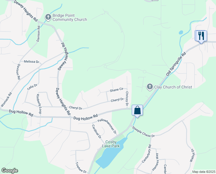 map of restaurants, bars, coffee shops, grocery stores, and more near 5912 Shane Circle in Pinson
