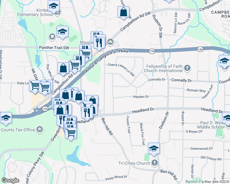 map of restaurants, bars, coffee shops, grocery stores, and more near 2282 Bonnybrook Way in East Point