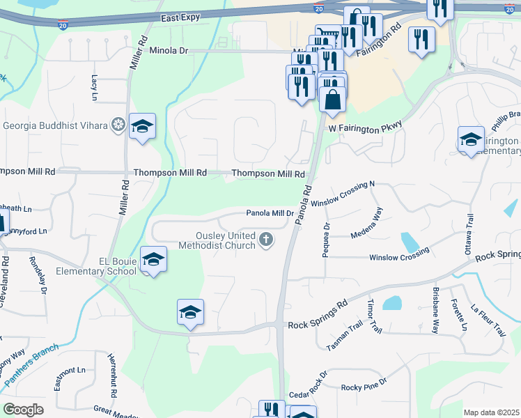 map of restaurants, bars, coffee shops, grocery stores, and more near 5206 Panola Mill Drive in Stonecrest