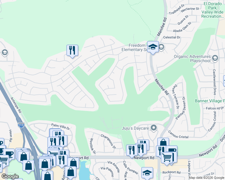 map of restaurants, bars, coffee shops, grocery stores, and more near 28613 Waterhole Canyon Drive in Menifee