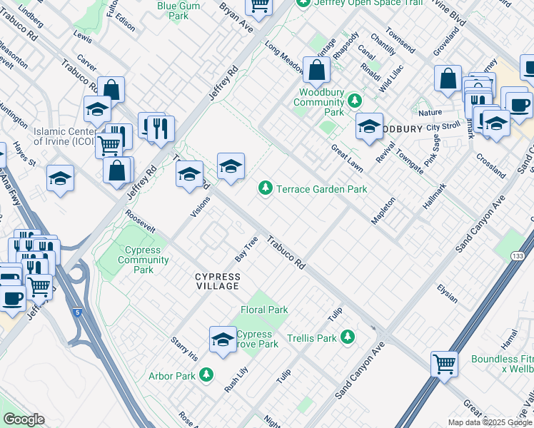 map of restaurants, bars, coffee shops, grocery stores, and more near 26 Lookout in Irvine