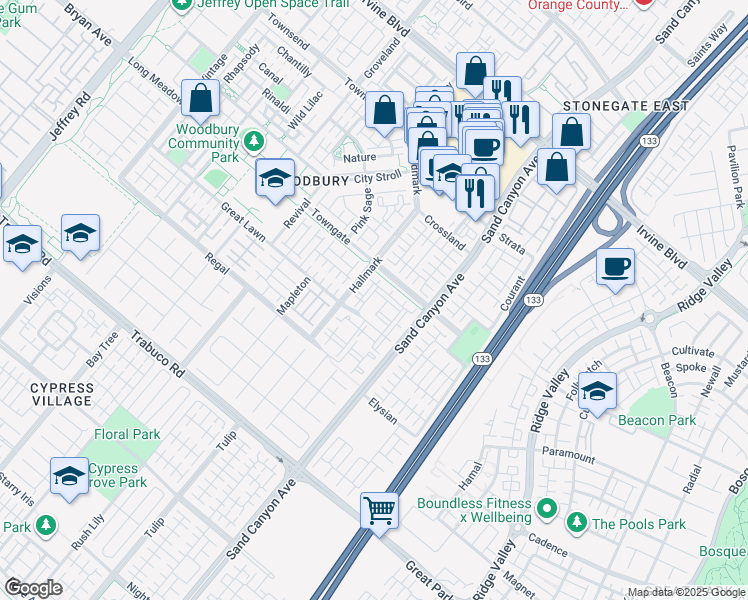 map of restaurants, bars, coffee shops, grocery stores, and more near 15304 Payton in Irvine