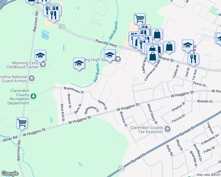 map of restaurants, bars, coffee shops, grocery stores, and more near 709 Lawson Street in Manning