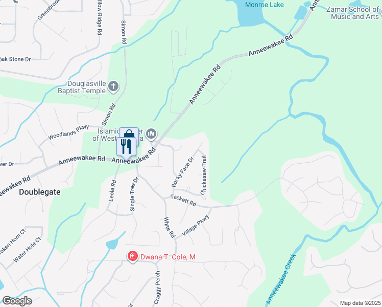 map of restaurants, bars, coffee shops, grocery stores, and more near 4128 Rocky Face Drive in Douglasville