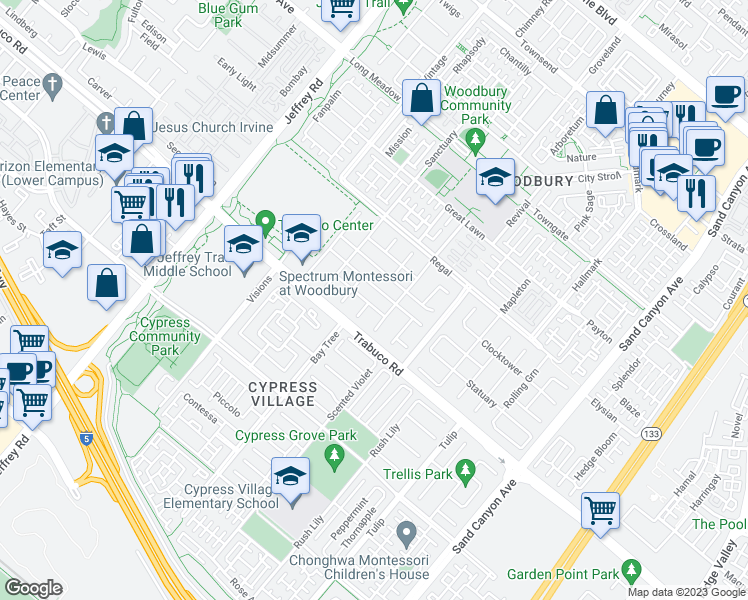 map of restaurants, bars, coffee shops, grocery stores, and more near 49 Midnight Sky in Irvine