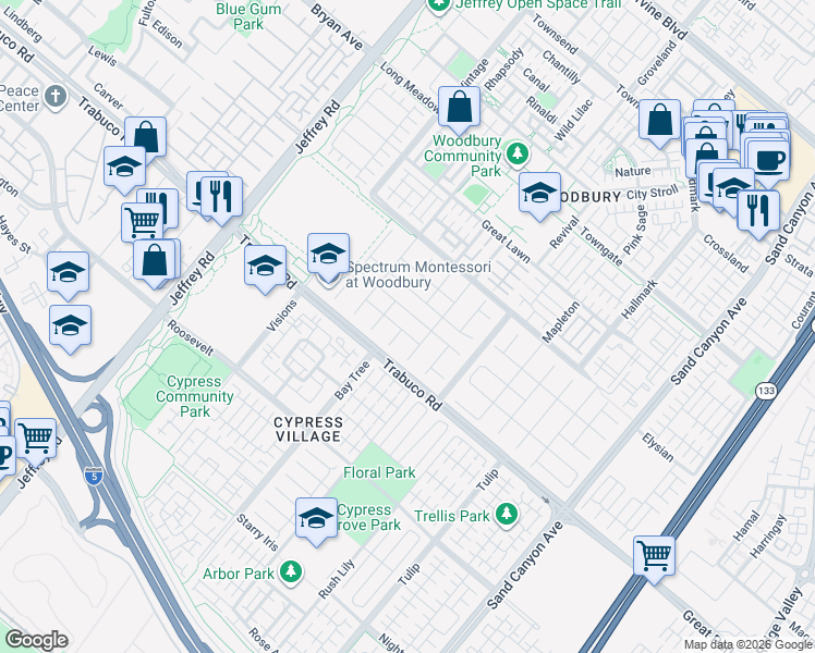 map of restaurants, bars, coffee shops, grocery stores, and more near 49 Midnight Sky in Irvine