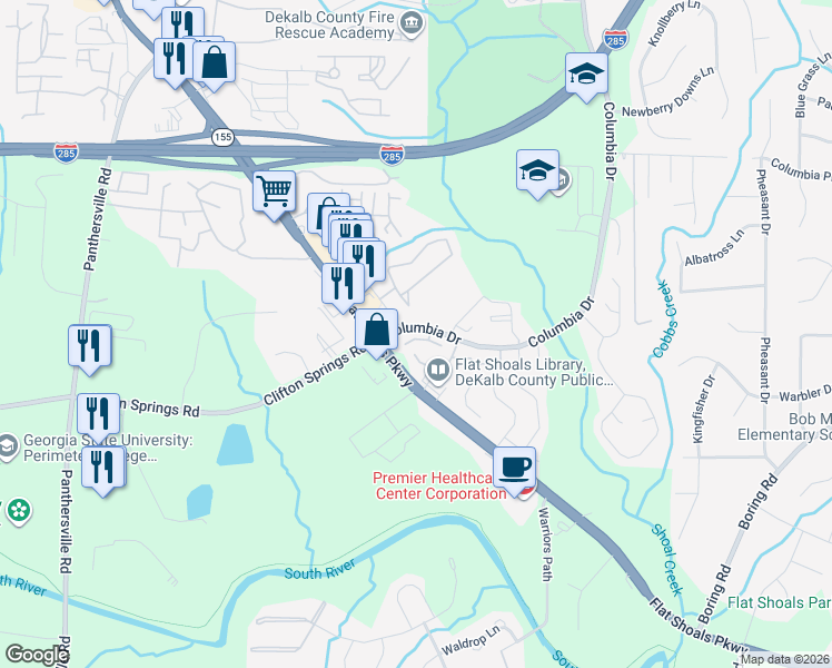 map of restaurants, bars, coffee shops, grocery stores, and more near 3176 Quincetree Lane in Decatur