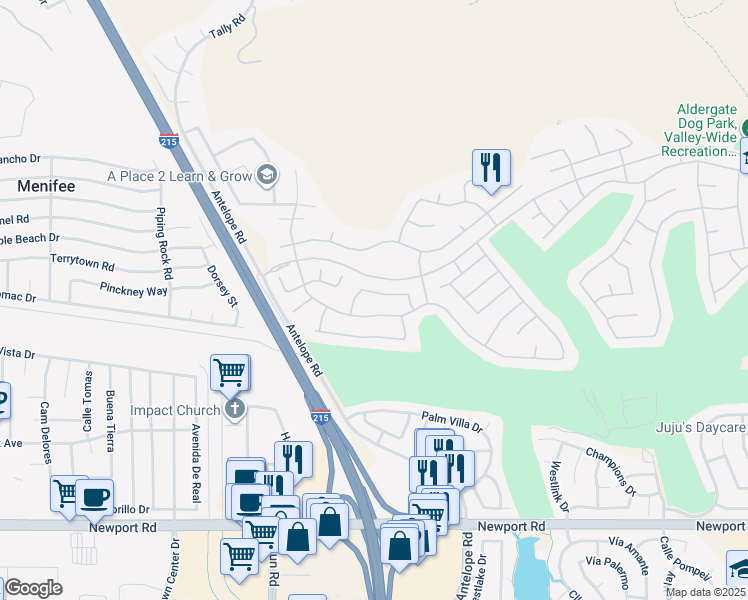 map of restaurants, bars, coffee shops, grocery stores, and more near 27987 Oakhaven Lane in Menifee