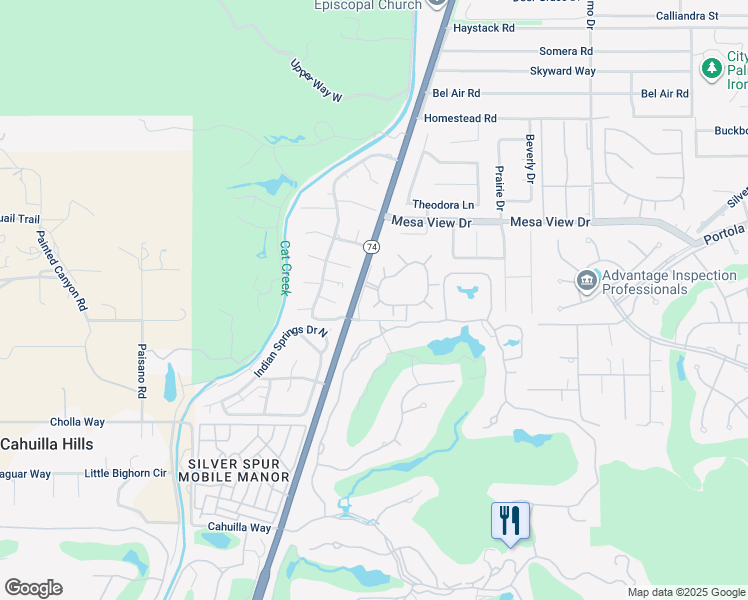 map of restaurants, bars, coffee shops, grocery stores, and more near 48943 Canyon Crest Lane in Palm Desert