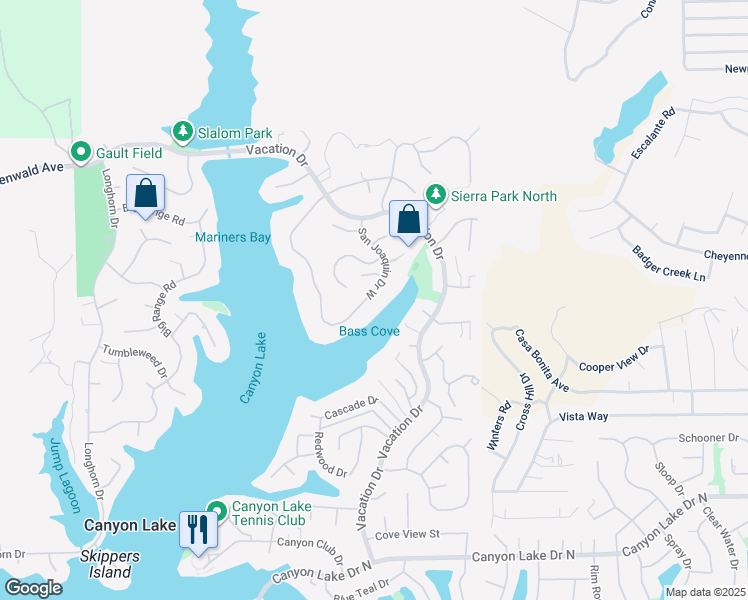 map of restaurants, bars, coffee shops, grocery stores, and more near 22116 San Joaquin Drive West in Canyon Lake