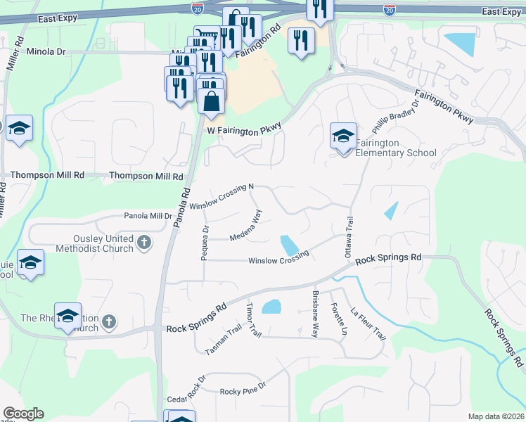 map of restaurants, bars, coffee shops, grocery stores, and more near 5403 Medena Way in Stonecrest