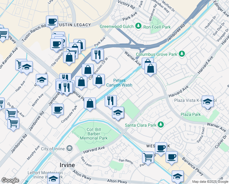 map of restaurants, bars, coffee shops, grocery stores, and more near 1229 Abelia in Irvine