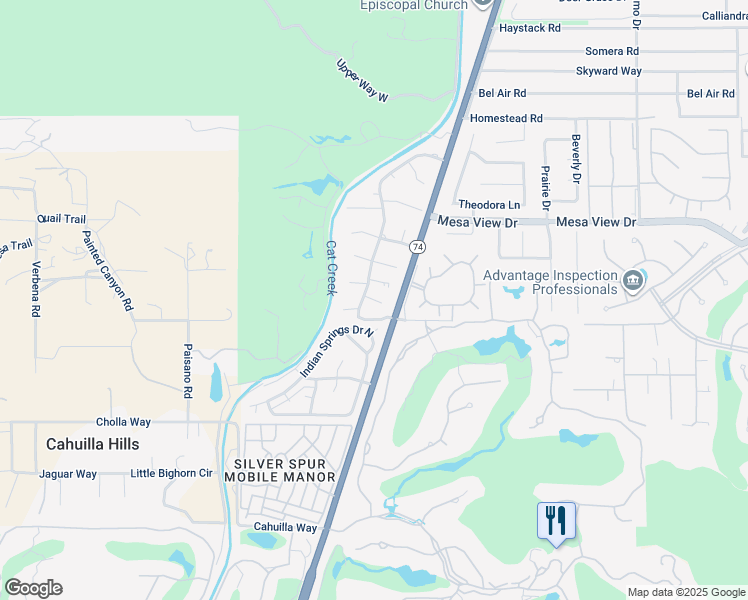 map of restaurants, bars, coffee shops, grocery stores, and more near 72506 Desert Flower Drive in Palm Desert