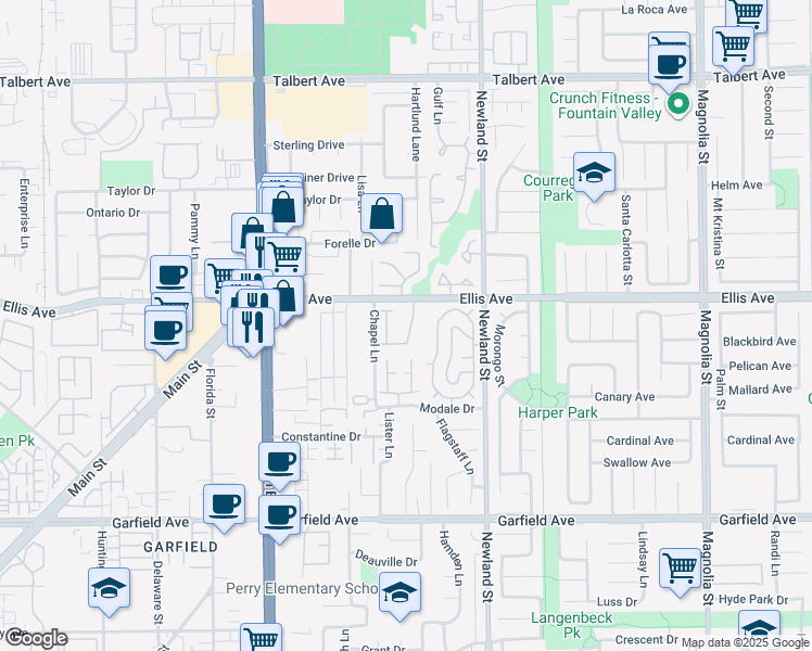 map of restaurants, bars, coffee shops, grocery stores, and more near 18555 Vallarta Drive in Huntington Beach