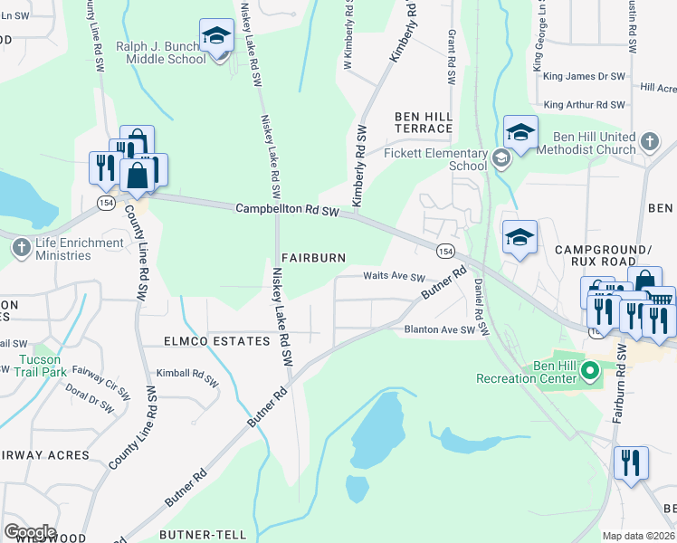 map of restaurants, bars, coffee shops, grocery stores, and more near 4145 Waits Avenue Southwest in Atlanta