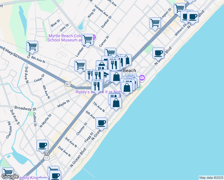 map of restaurants, bars, coffee shops, grocery stores, and more near 321 9th Avenue North in Myrtle Beach
