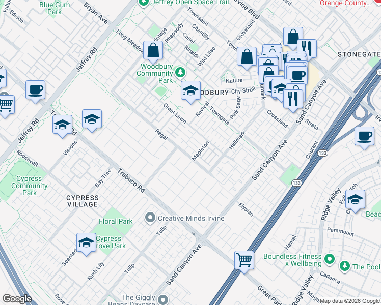 map of restaurants, bars, coffee shops, grocery stores, and more near 26 Twin Gables in Irvine