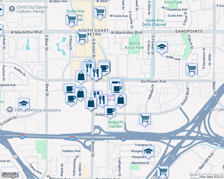 map of restaurants, bars, coffee shops, grocery stores, and more near 3401 Park Center Drive in Costa Mesa