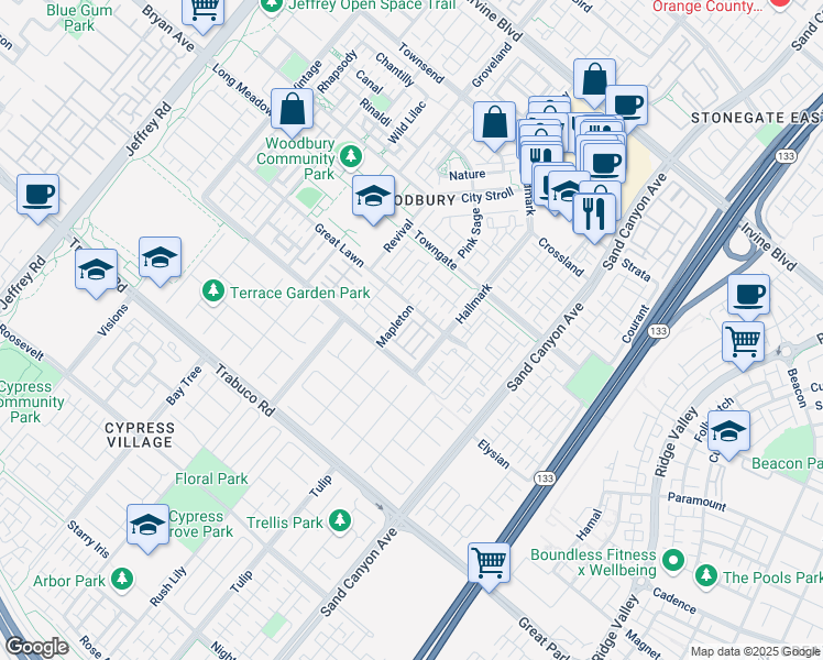 map of restaurants, bars, coffee shops, grocery stores, and more near 37 Roycroft in Irvine