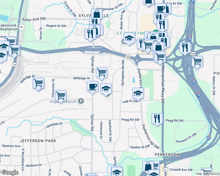 map of restaurants, bars, coffee shops, grocery stores, and more near 2246 Springdale Circle Southwest in Atlanta