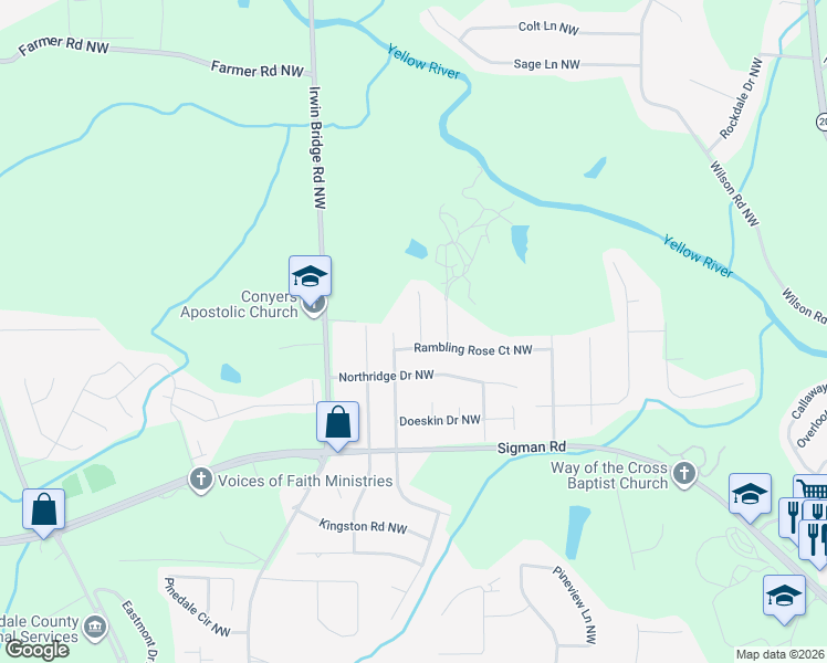 map of restaurants, bars, coffee shops, grocery stores, and more near 1791 Crestridge Circle Northwest in Conyers