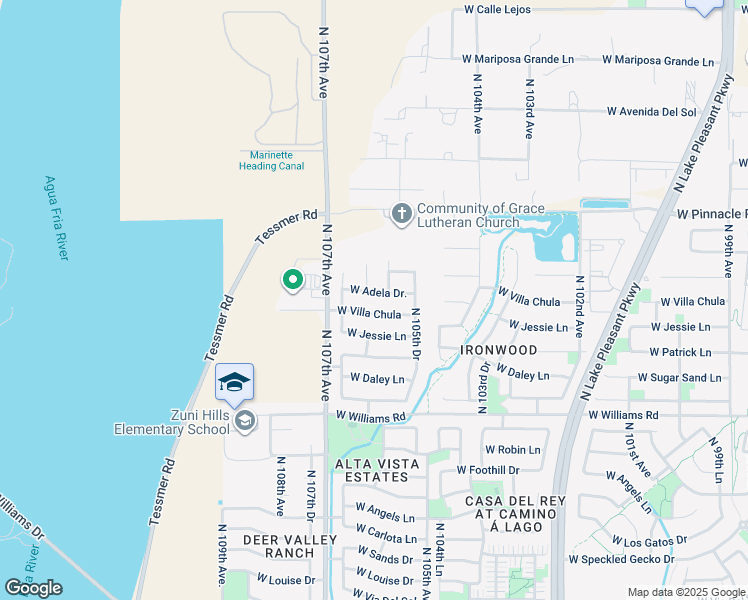map of restaurants, bars, coffee shops, grocery stores, and more near 10535 West Adela Drive in Peoria