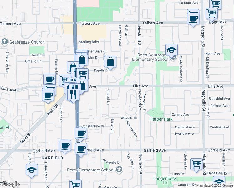 map of restaurants, bars, coffee shops, grocery stores, and more near 18566 Pueblo Circle in Huntington Beach