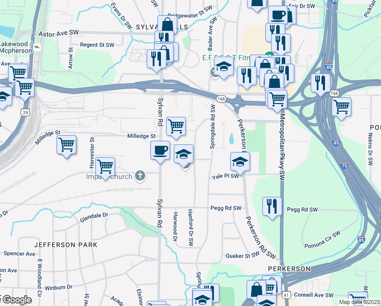 map of restaurants, bars, coffee shops, grocery stores, and more near 2246 Springdale Circle Southwest in Atlanta