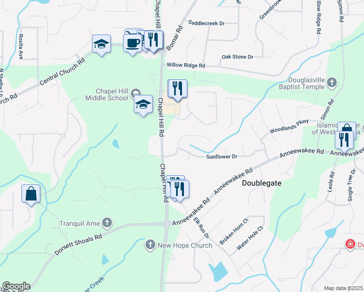 map of restaurants, bars, coffee shops, grocery stores, and more near 4357 Treeline Way in Douglasville