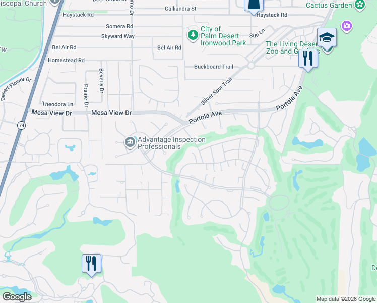 map of restaurants, bars, coffee shops, grocery stores, and more near 73304 Rosewood Court in Palm Desert