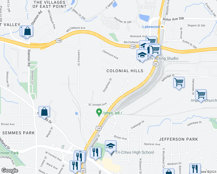 map of restaurants, bars, coffee shops, grocery stores, and more near 2266 Dauphine Street in East Point