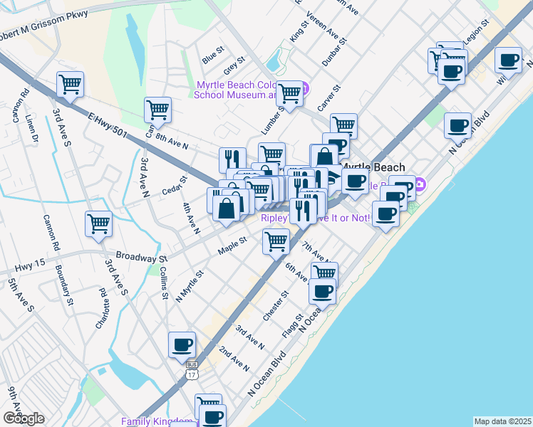 map of restaurants, bars, coffee shops, grocery stores, and more near 704 Main Street in Myrtle Beach