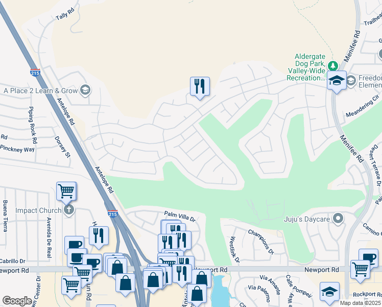 map of restaurants, bars, coffee shops, grocery stores, and more near 28179 Meadowsweet Drive in Menifee