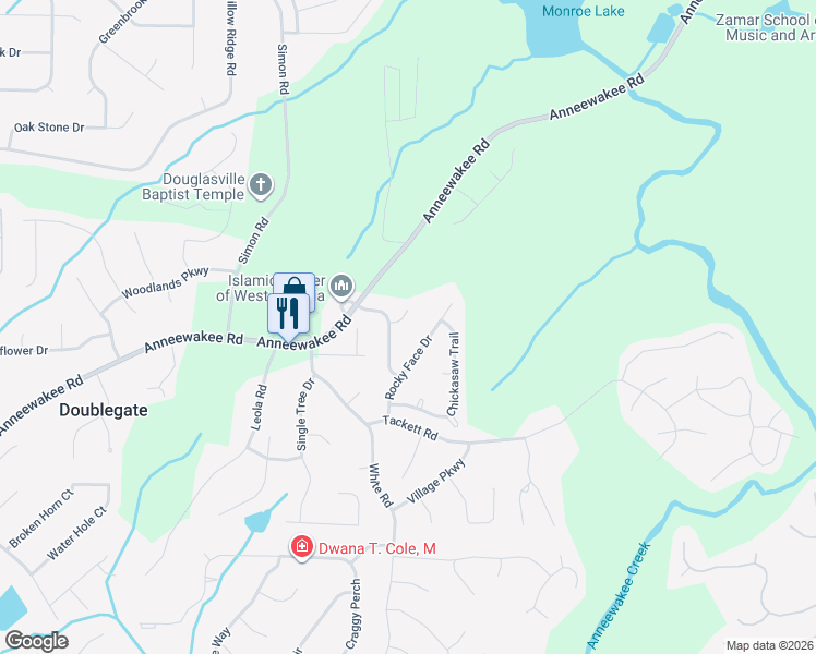 map of restaurants, bars, coffee shops, grocery stores, and more near 4128 Rocky Face Drive in Douglasville