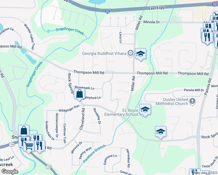 map of restaurants, bars, coffee shops, grocery stores, and more near 3115 Oxbridge Way in Stonecrest