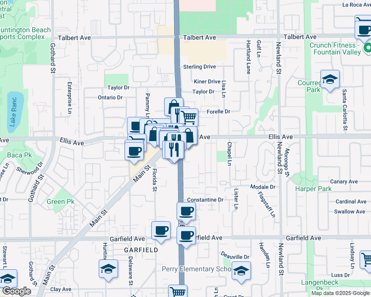 map of restaurants, bars, coffee shops, grocery stores, and more near 18528 Beach Boulevard in Huntington Beach