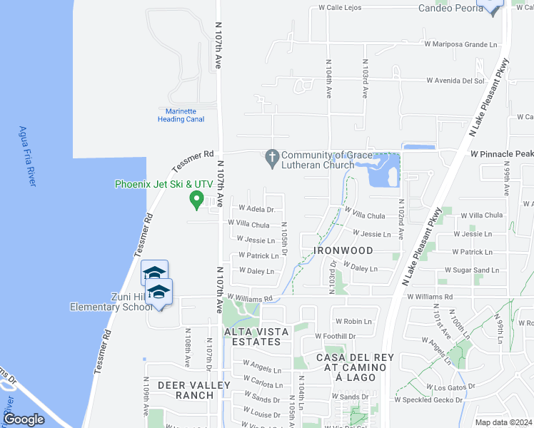 map of restaurants, bars, coffee shops, grocery stores, and more near 10535 West Adela Drive in Peoria